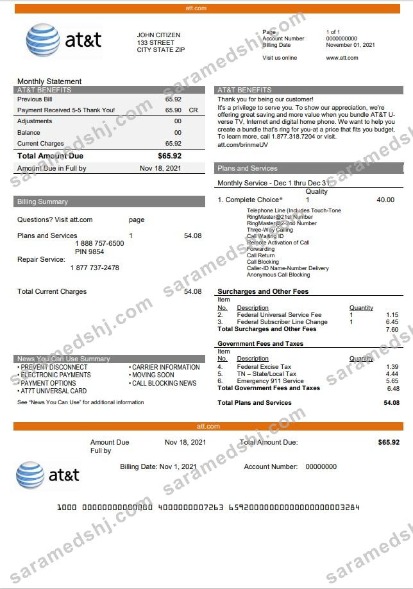 USA Texas AT&T telecommunications utility bill template in Word and PDF format